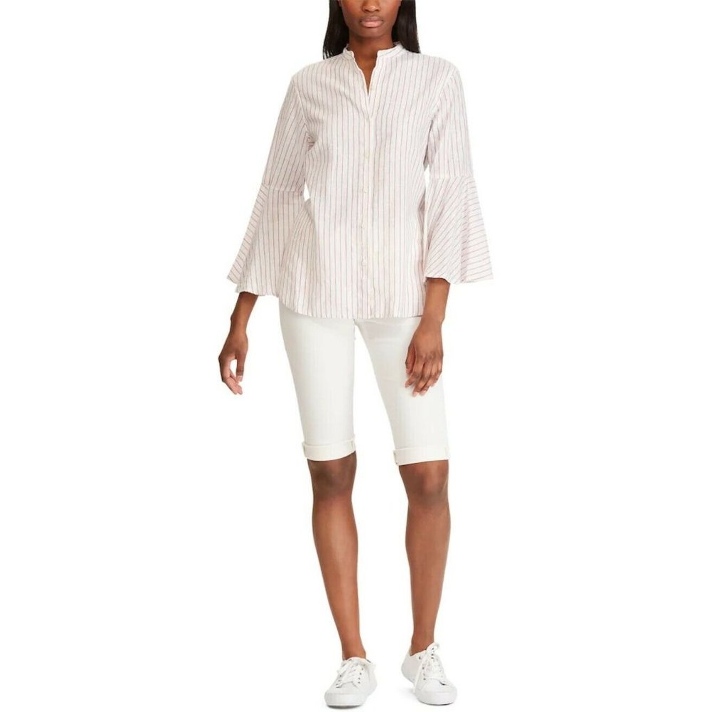 NWT CHAPS 3/4 Sleeve Shirt White Red Stripes LARGE